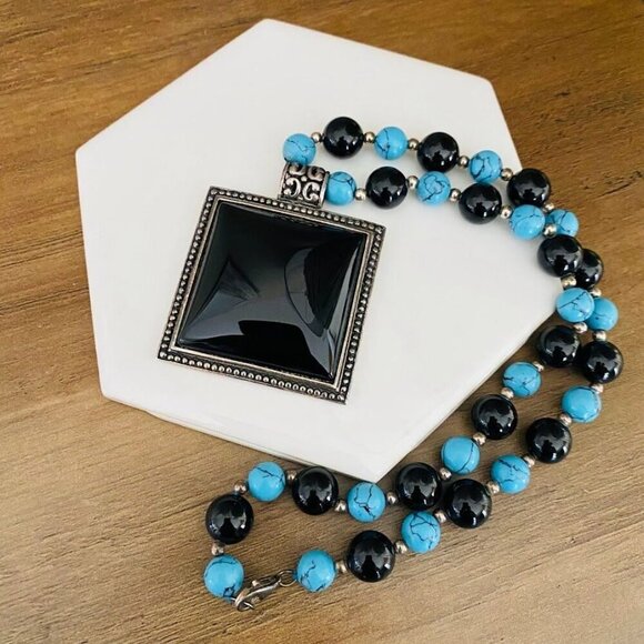 Vintage GSJ 925 Sterling Onyx and Turquoise Pendant Necklace - Picture 2 of 4
